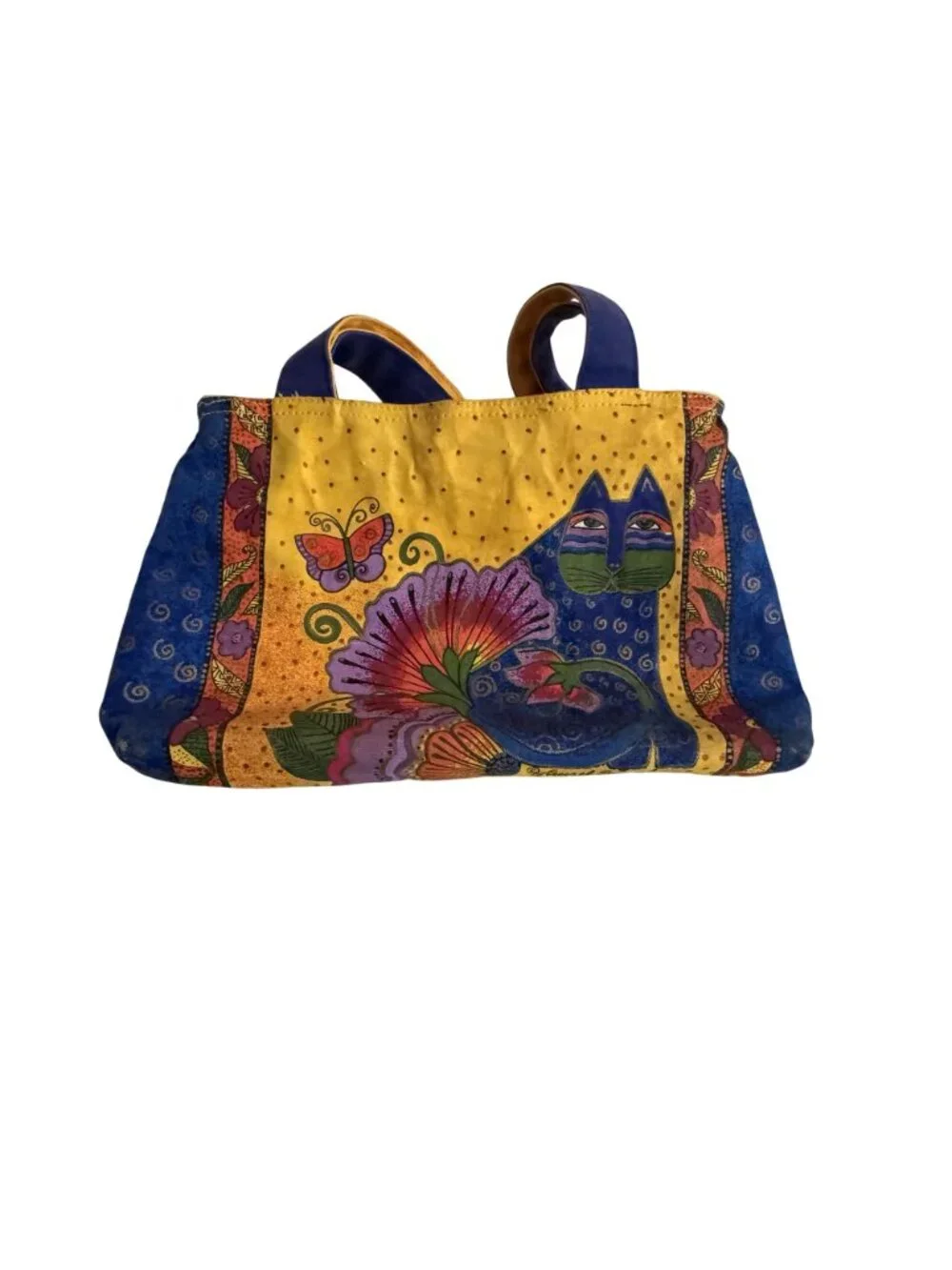 Laurel Burch Multicolor Cat-Themed Tote Bag With Flower & Butterfly Design Canva